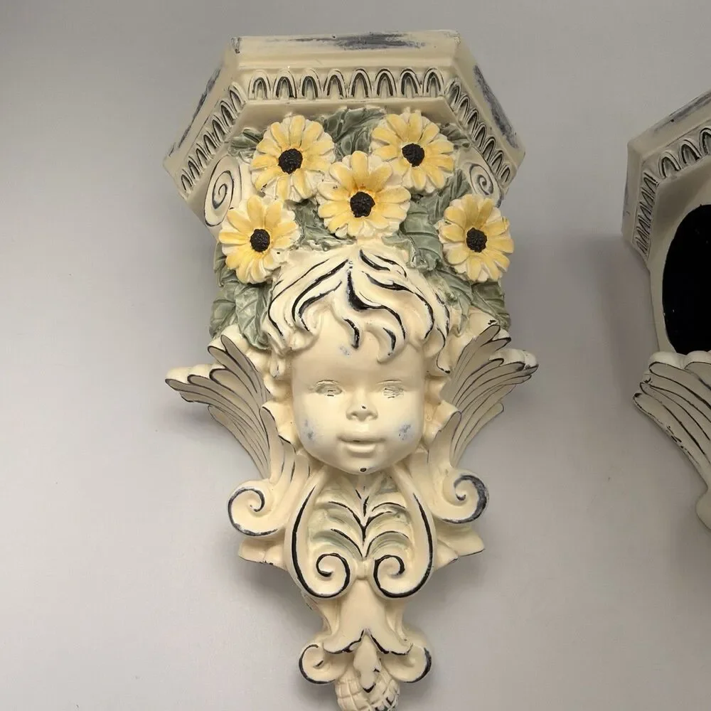 Vintage Cherub Curtain Rod Holders Wall Sconces Set 2 Resin Shabby Chic Floral